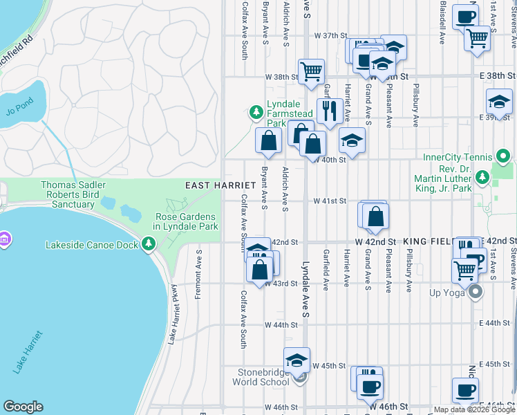 map of restaurants, bars, coffee shops, grocery stores, and more near 4116 Bryant Avenue South in Minneapolis