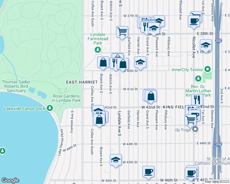 map of restaurants, bars, coffee shops, grocery stores, and more near 4100 Lyndale Avenue South in Minneapolis