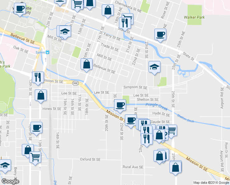 map of restaurants, bars, coffee shops, grocery stores, and more near Lee St SE & 21st St SE in Salem