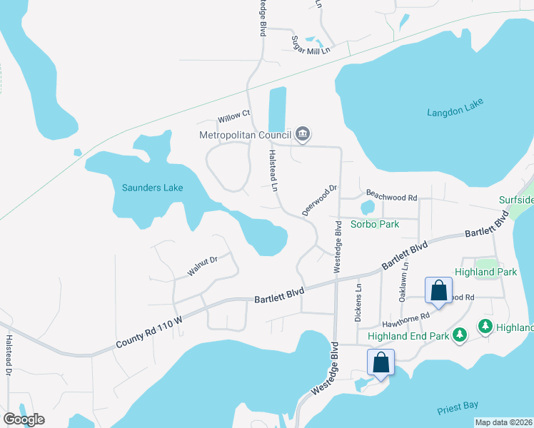 map of restaurants, bars, coffee shops, grocery stores, and more near 6375 Acorn Road in Mound