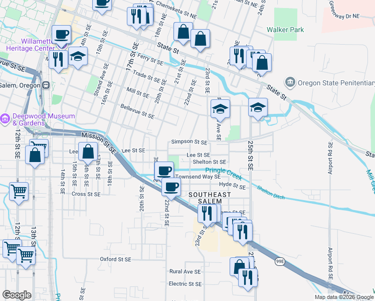map of restaurants, bars, coffee shops, grocery stores, and more near 2235-2249 Lee Street Southeast in Salem