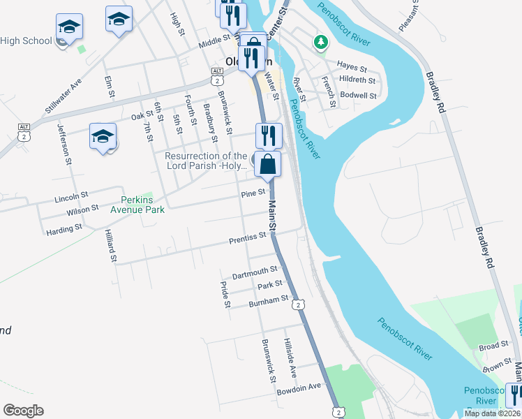 map of restaurants, bars, coffee shops, grocery stores, and more near 491 Main Street in Old Town