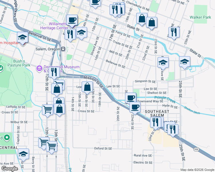 map of restaurants, bars, coffee shops, grocery stores, and more near Lee Street Southeast in Salem