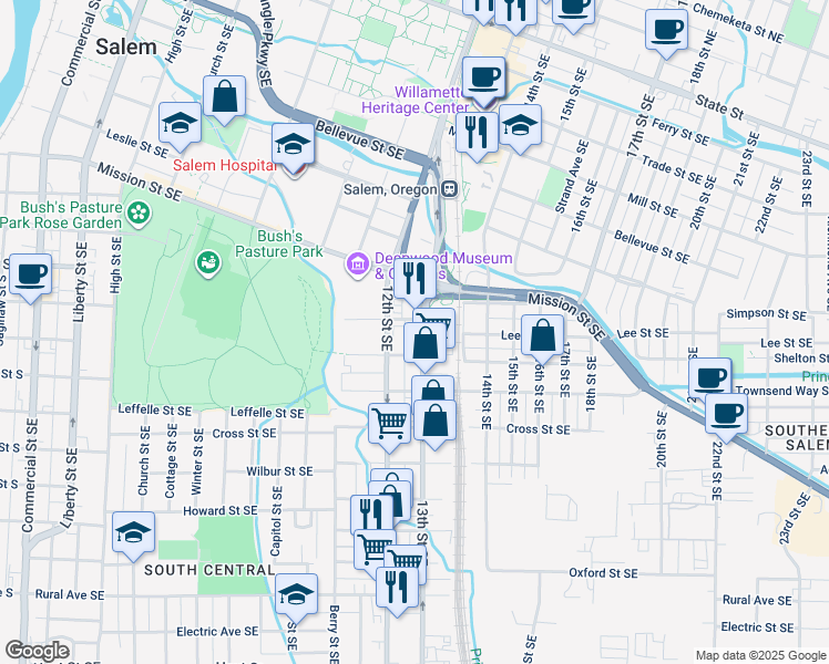 map of restaurants, bars, coffee shops, grocery stores, and more near 1245 Waller Street Southeast in Salem