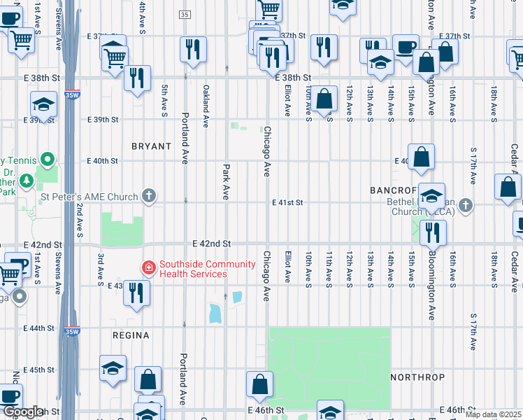 map of restaurants, bars, coffee shops, grocery stores, and more near 4129 Chicago Avenue in Minneapolis