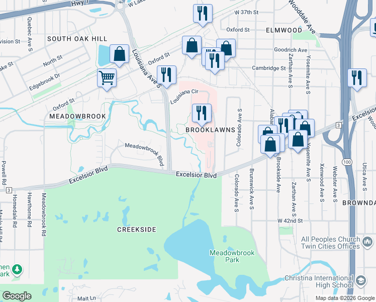 map of restaurants, bars, coffee shops, grocery stores, and more near 6550 Excelsior Boulevard in Minneapolis