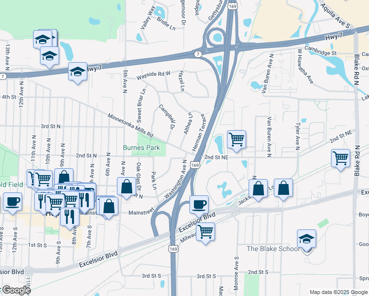 map of restaurants, bars, coffee shops, grocery stores, and more near 202 Washington Avenue North in Hopkins