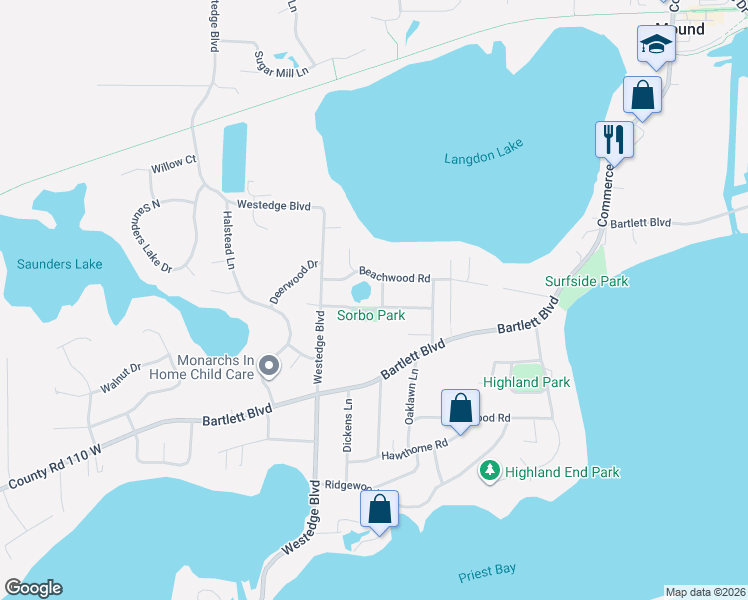 map of restaurants, bars, coffee shops, grocery stores, and more near 6125 Evergreen Road in Mound