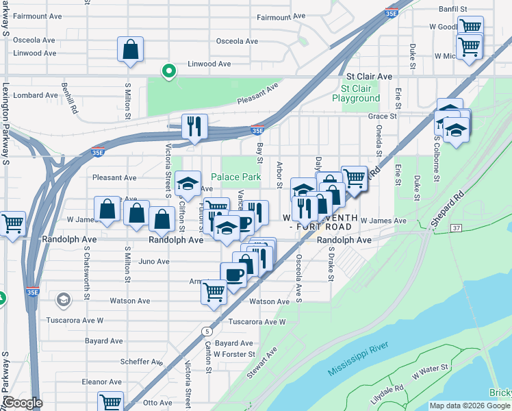 map of restaurants, bars, coffee shops, grocery stores, and more near 429 Bay Street in Saint Paul