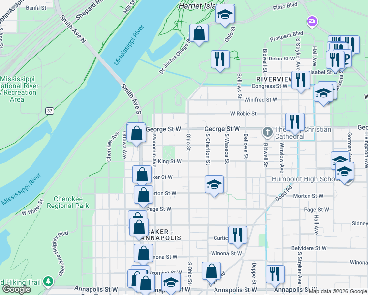 map of restaurants, bars, coffee shops, grocery stores, and more near 579 Ohio Street in Saint Paul