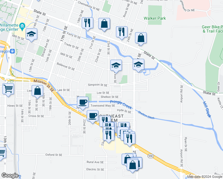 map of restaurants, bars, coffee shops, grocery stores, and more near 670 23rd Street Southeast in Salem