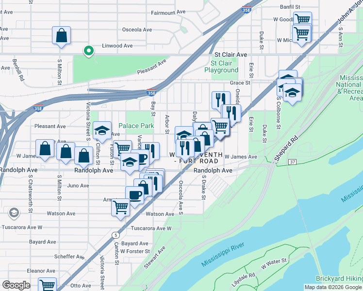 map of restaurants, bars, coffee shops, grocery stores, and more near 426 Osceola Avenue in Saint Paul
