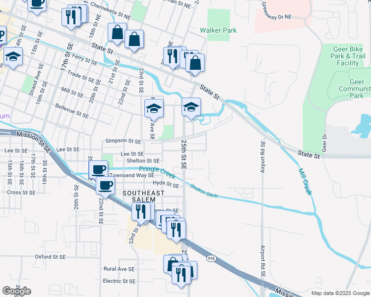 map of restaurants, bars, coffee shops, grocery stores, and more near 2515 Lee Street Southeast in Salem