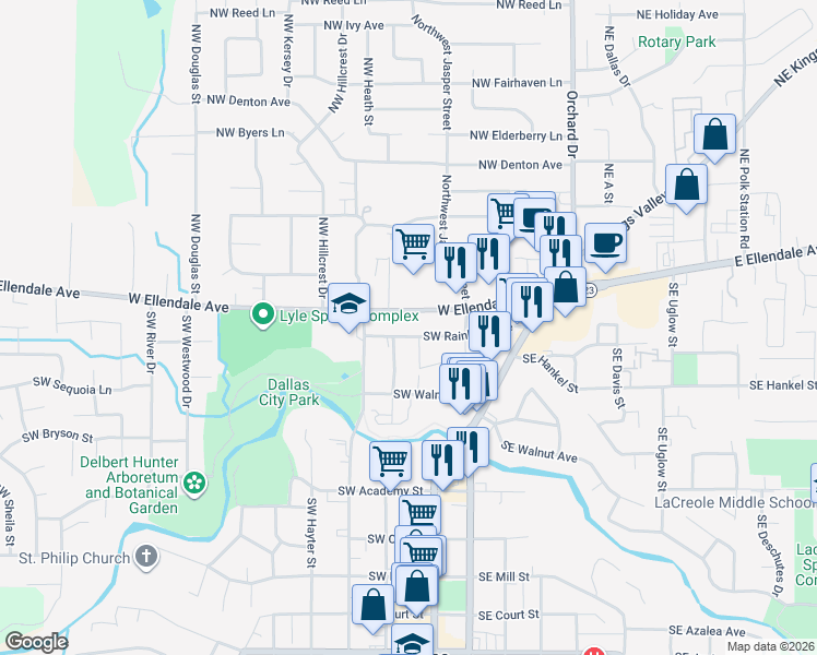 map of restaurants, bars, coffee shops, grocery stores, and more near 218 Southwest Church Street in Dallas