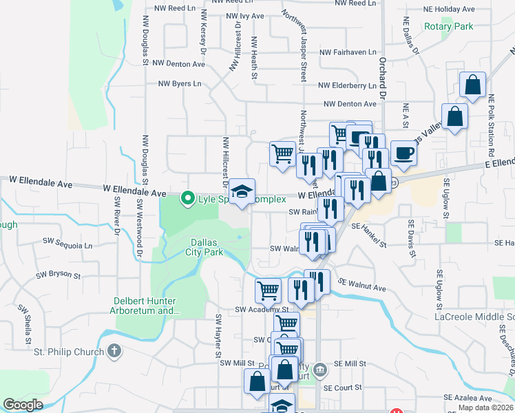 map of restaurants, bars, coffee shops, grocery stores, and more near 185 Southwest Levens Street in Dallas