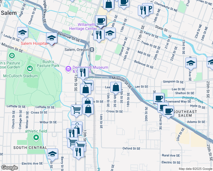 map of restaurants, bars, coffee shops, grocery stores, and more near 1467 Lee Street Southeast in Salem