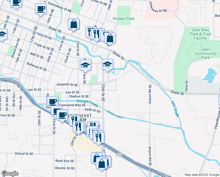 map of restaurants, bars, coffee shops, grocery stores, and more near 2582 Lee Street in Salem