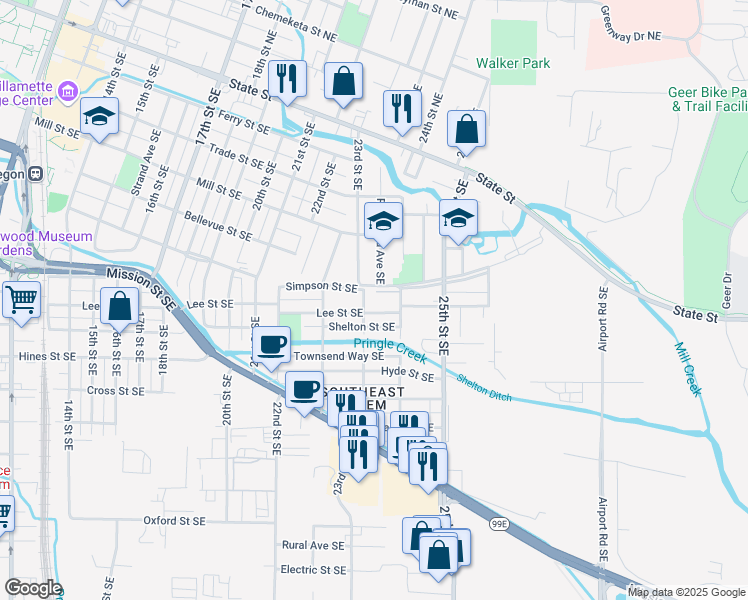 map of restaurants, bars, coffee shops, grocery stores, and more near 2340 Lee Street in Salem