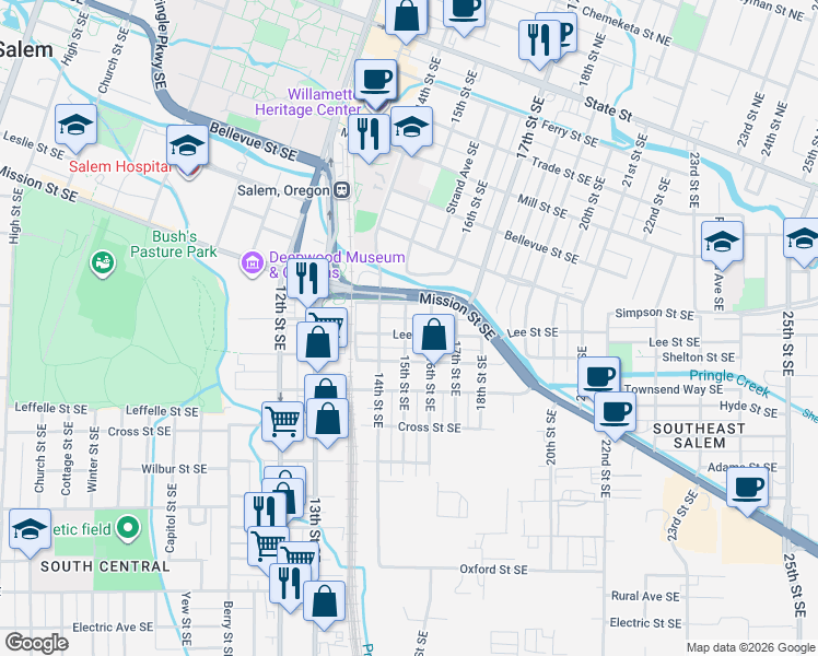 map of restaurants, bars, coffee shops, grocery stores, and more near 940 15th Street Southeast in Salem