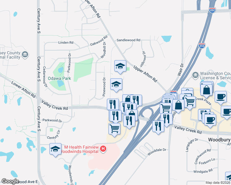 map of restaurants, bars, coffee shops, grocery stores, and more near 1437 Pinewood Drive in Woodbury