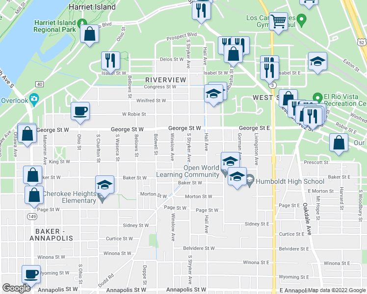 map of restaurants, bars, coffee shops, grocery stores, and more near 593 Stryker Avenue in Saint Paul