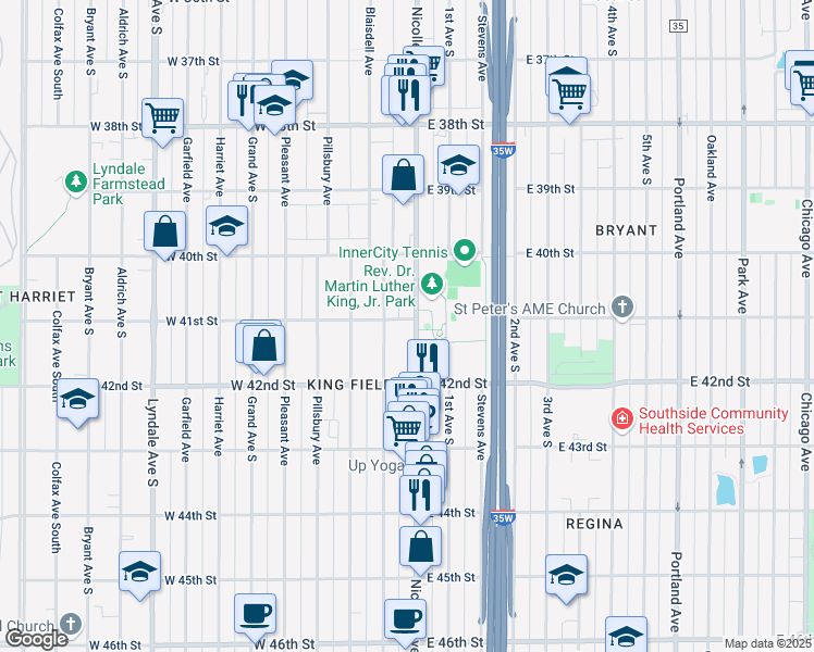 map of restaurants, bars, coffee shops, grocery stores, and more near 4119 Blaisdell Avenue in Minneapolis