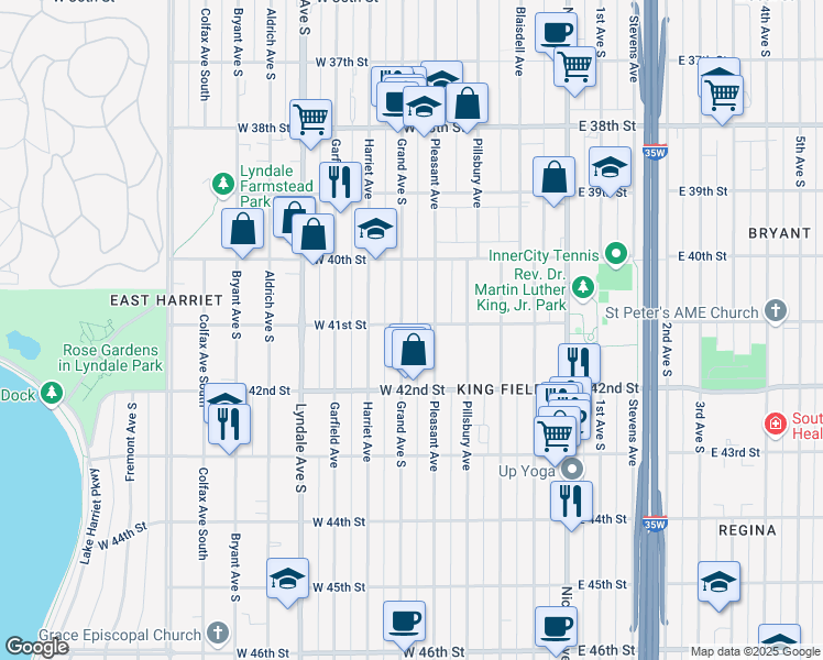 map of restaurants, bars, coffee shops, grocery stores, and more near 4120 Pleasant Avenue in Minneapolis