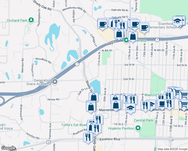 map of restaurants, bars, coffee shops, grocery stores, and more near 202 West Park Road in Hopkins