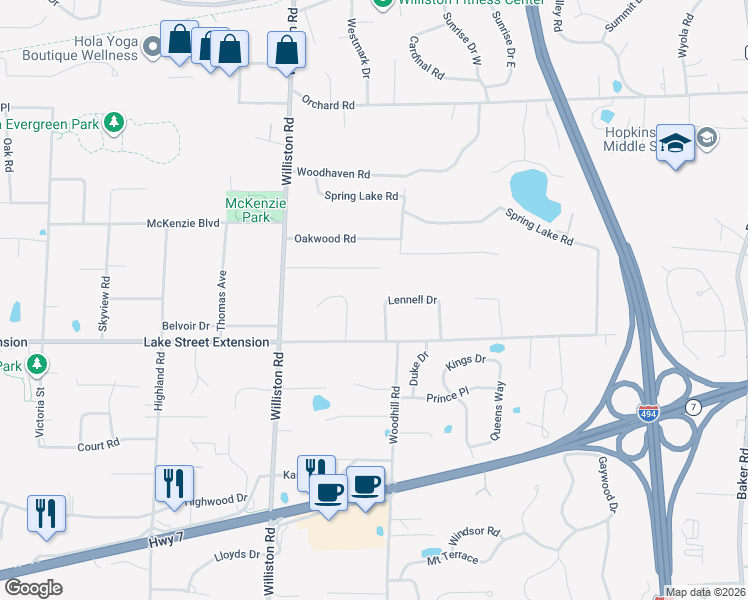 map of restaurants, bars, coffee shops, grocery stores, and more near 14418 Lennell Drive in Minnetonka