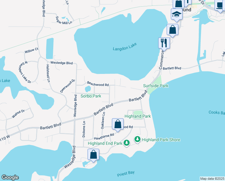 map of restaurants, bars, coffee shops, grocery stores, and more near 2710 Garden Lane in Mound