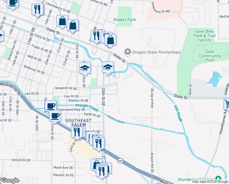 map of restaurants, bars, coffee shops, grocery stores, and more near 2582 Lee Street in Salem