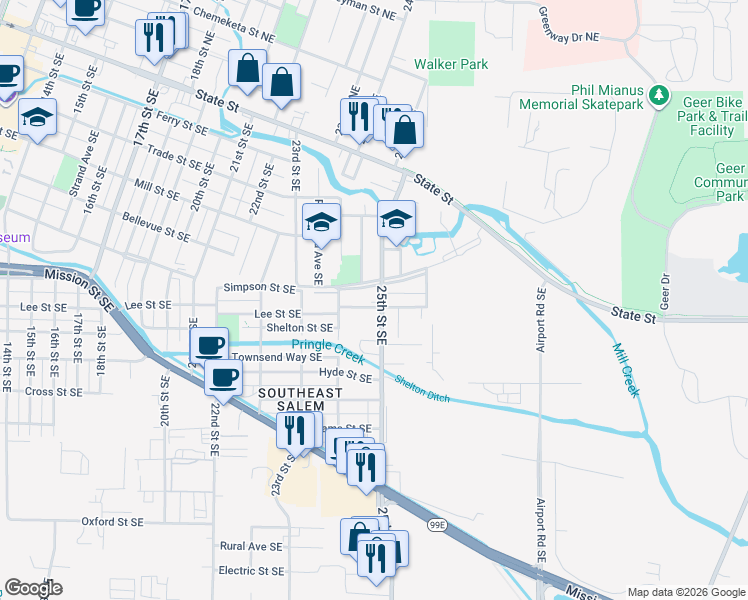map of restaurants, bars, coffee shops, grocery stores, and more near 665-697 25th Avenue Northeast in Salem