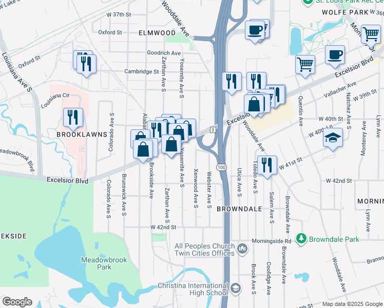 map of restaurants, bars, coffee shops, grocery stores, and more near 4048 Xenwood Avenue South in Minneapolis