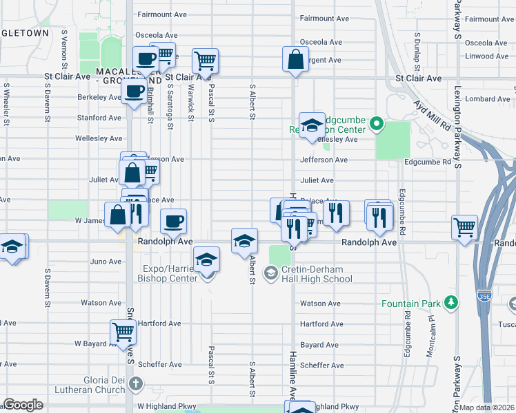map of restaurants, bars, coffee shops, grocery stores, and more near 1393 West James Avenue in Saint Paul