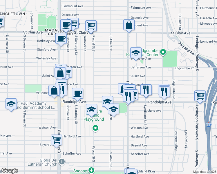 map of restaurants, bars, coffee shops, grocery stores, and more near 1393 West James Avenue in Saint Paul
