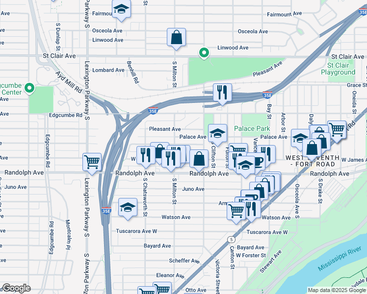 map of restaurants, bars, coffee shops, grocery stores, and more near 900 Palace Avenue in Saint Paul