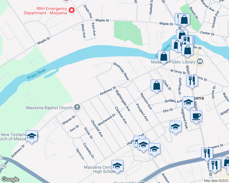 map of restaurants, bars, coffee shops, grocery stores, and more near 6 Nightengale Ave in Massena