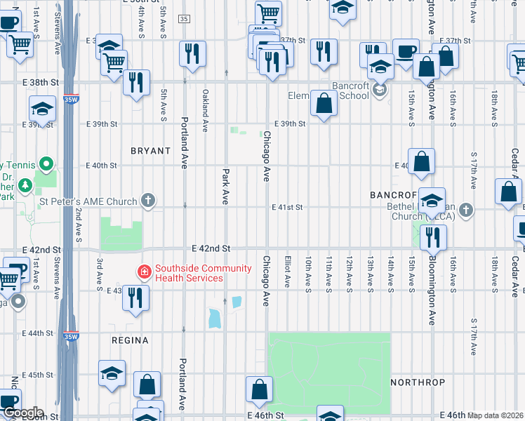 map of restaurants, bars, coffee shops, grocery stores, and more near 4129 Chicago Avenue in Minneapolis