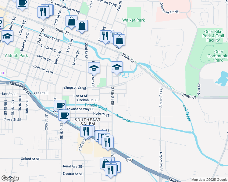 map of restaurants, bars, coffee shops, grocery stores, and more near 722 25th Street Southeast in Salem