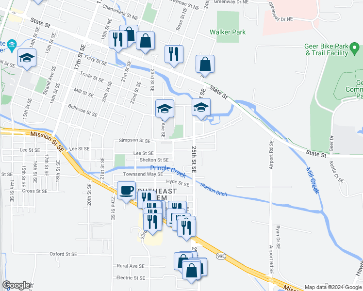 map of restaurants, bars, coffee shops, grocery stores, and more near 2430 Lee Street in Salem