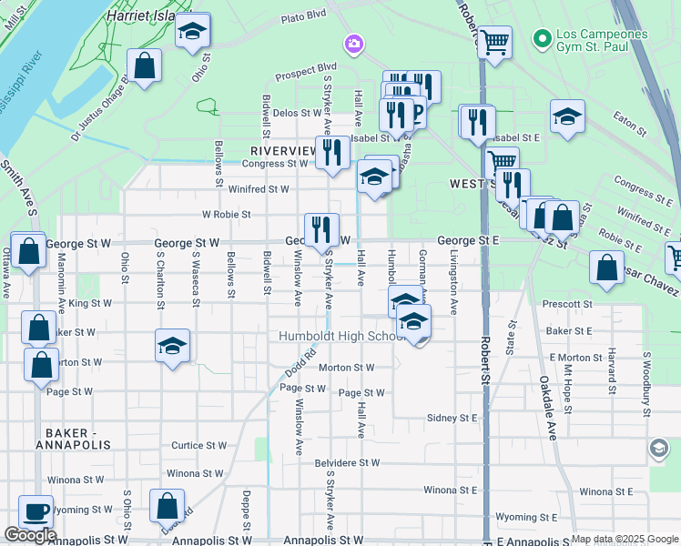 map of restaurants, bars, coffee shops, grocery stores, and more near 593 Hall Avenue in Saint Paul