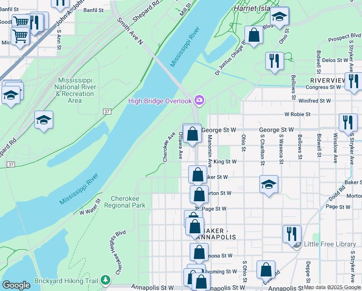 map of restaurants, bars, coffee shops, grocery stores, and more near 595 Ottawa Avenue in Saint Paul