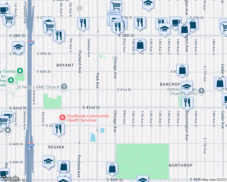 map of restaurants, bars, coffee shops, grocery stores, and more near 4129 Chicago Avenue in Minneapolis