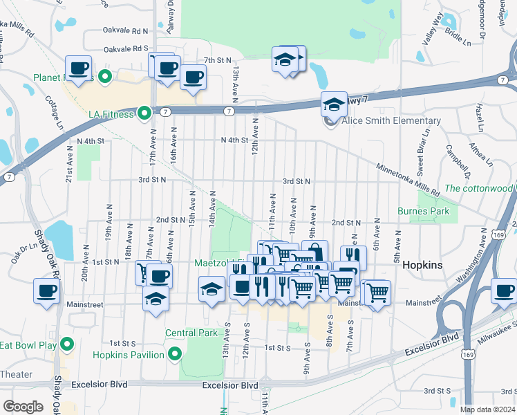 map of restaurants, bars, coffee shops, grocery stores, and more near 200 11th Avenue North in Hopkins