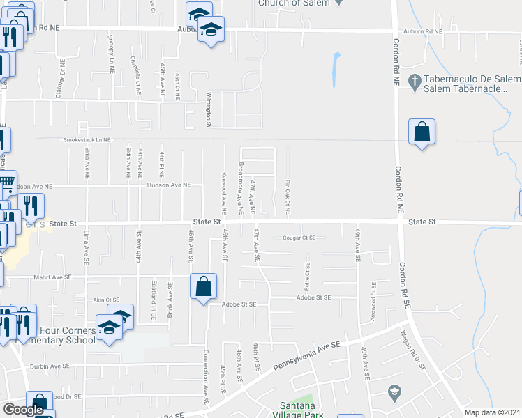 map of restaurants, bars, coffee shops, grocery stores, and more near 158 Bayview Way NE in Salem