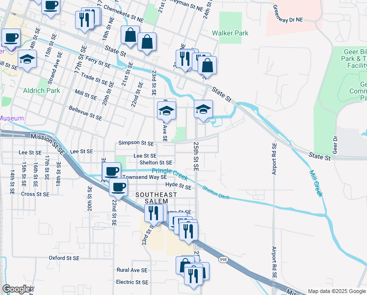 map of restaurants, bars, coffee shops, grocery stores, and more near 2430 Lee Street in Salem