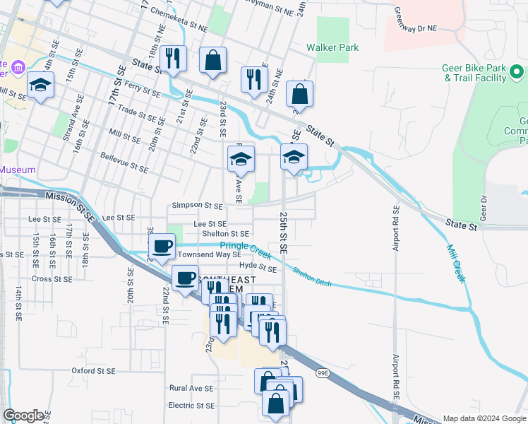 map of restaurants, bars, coffee shops, grocery stores, and more near 2435 Lee Street Southeast in Salem