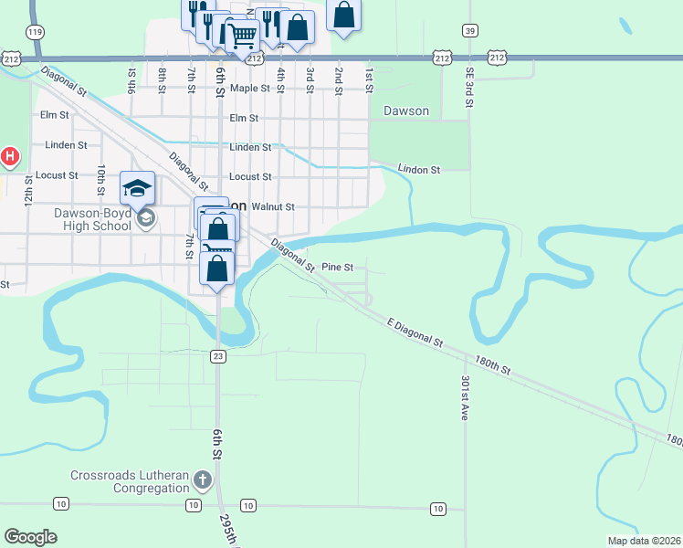 map of restaurants, bars, coffee shops, grocery stores, and more near 177 Pine Street in Dawson