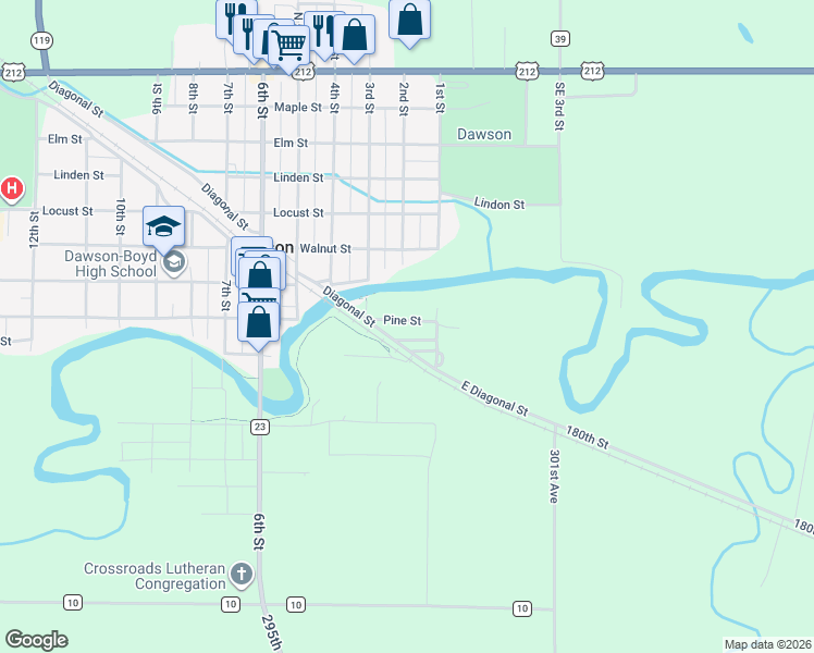 map of restaurants, bars, coffee shops, grocery stores, and more near 177 Pine Street in Dawson