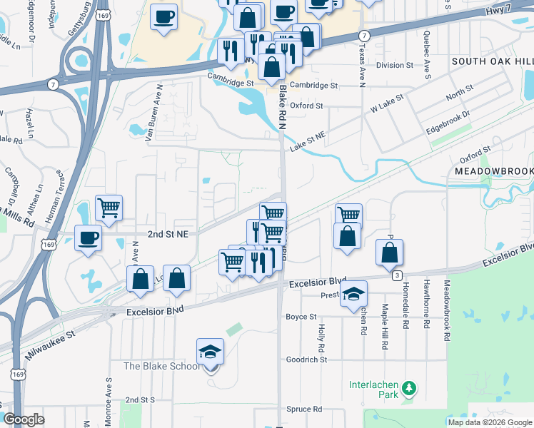 map of restaurants, bars, coffee shops, grocery stores, and more near 152 Blake Road North in Hopkins